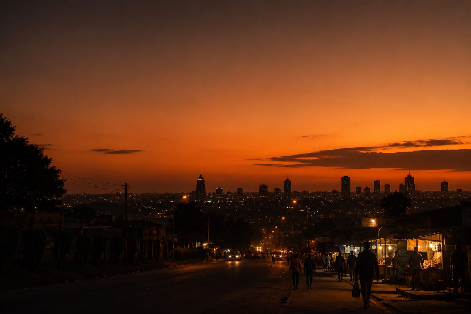 A Nairobi street at dusk, people walking home past lit kiosks with the skyline behind