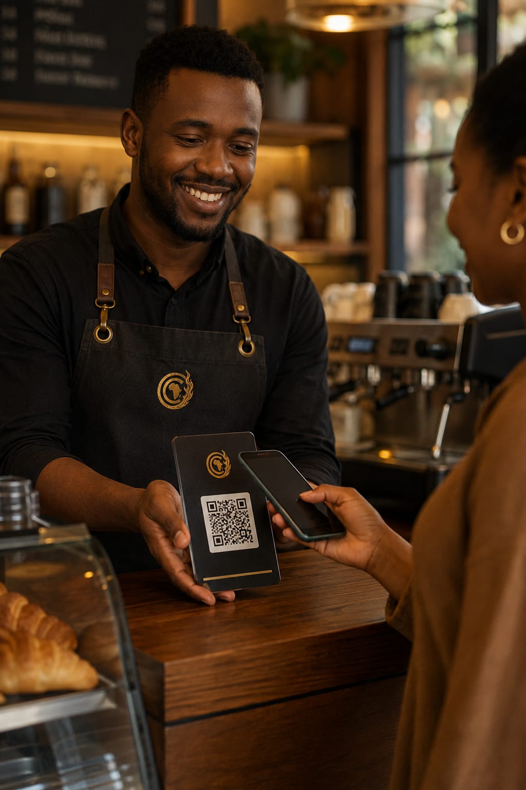A shopkeeper holding out a Mavunta QR stand while a customer pays by phone
